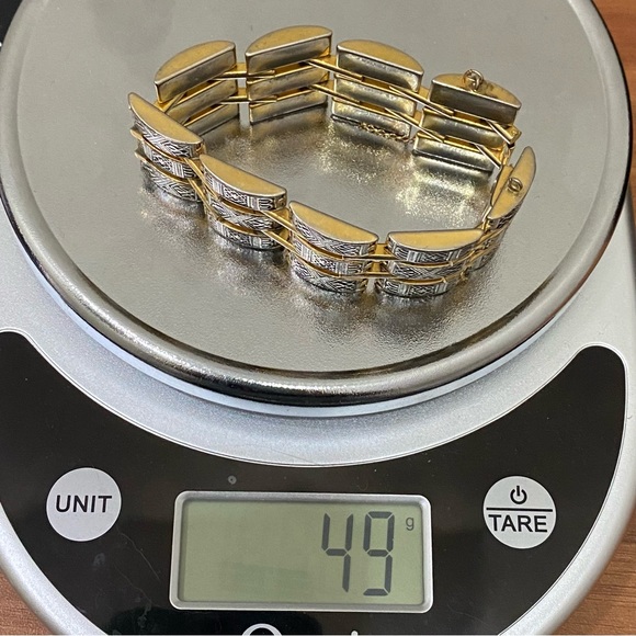 Vintage Gold-tone Damascene Art Deco 3-Row Hinged Bracelet 49g. - Picture 11 of 16